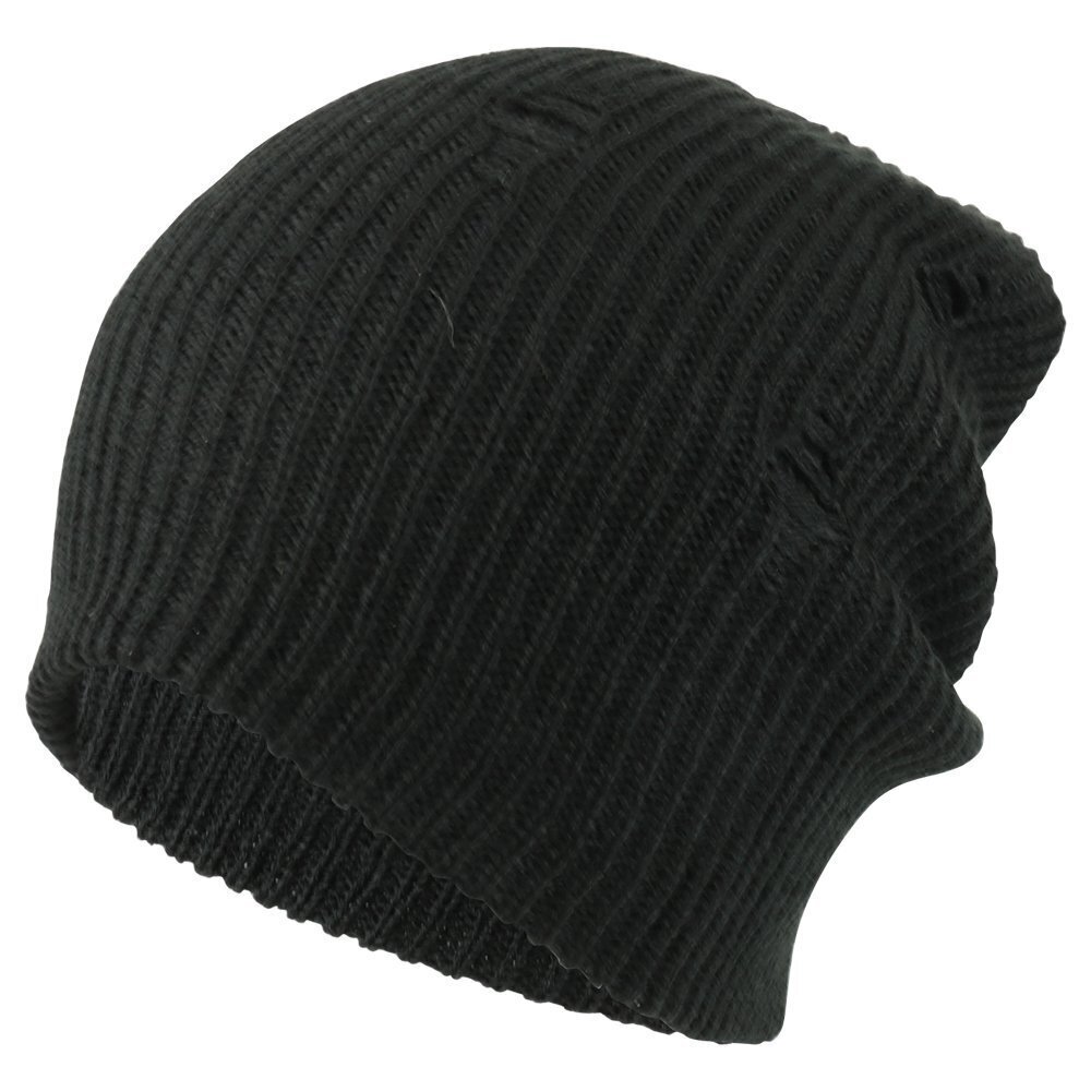 1500 Vintage Frayed Pattern Knit Deep Slouchy Beanie - Black